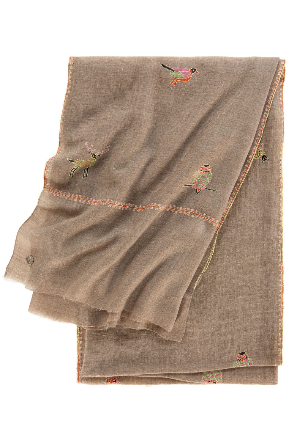Pashmina Kaschmir Schal in Beige mit Tieren Handbestickt Wiesn Collection Marici