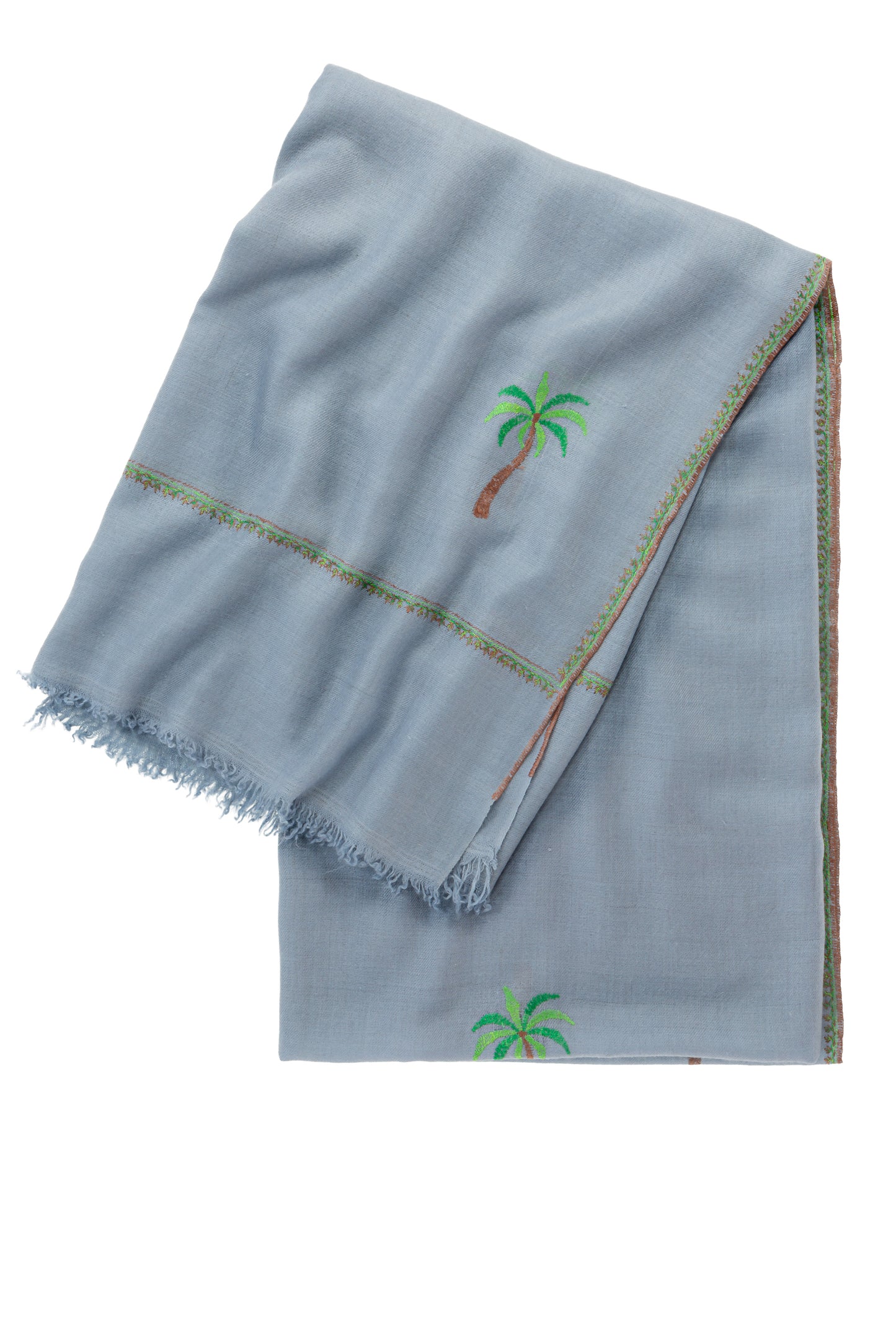 The Adorned Palm Springs gefaltet – Stahlblauer Pashmina Schal mit Palmenstickerei & kupferbrauner Bordüre, 107×210 cm | Mārīci