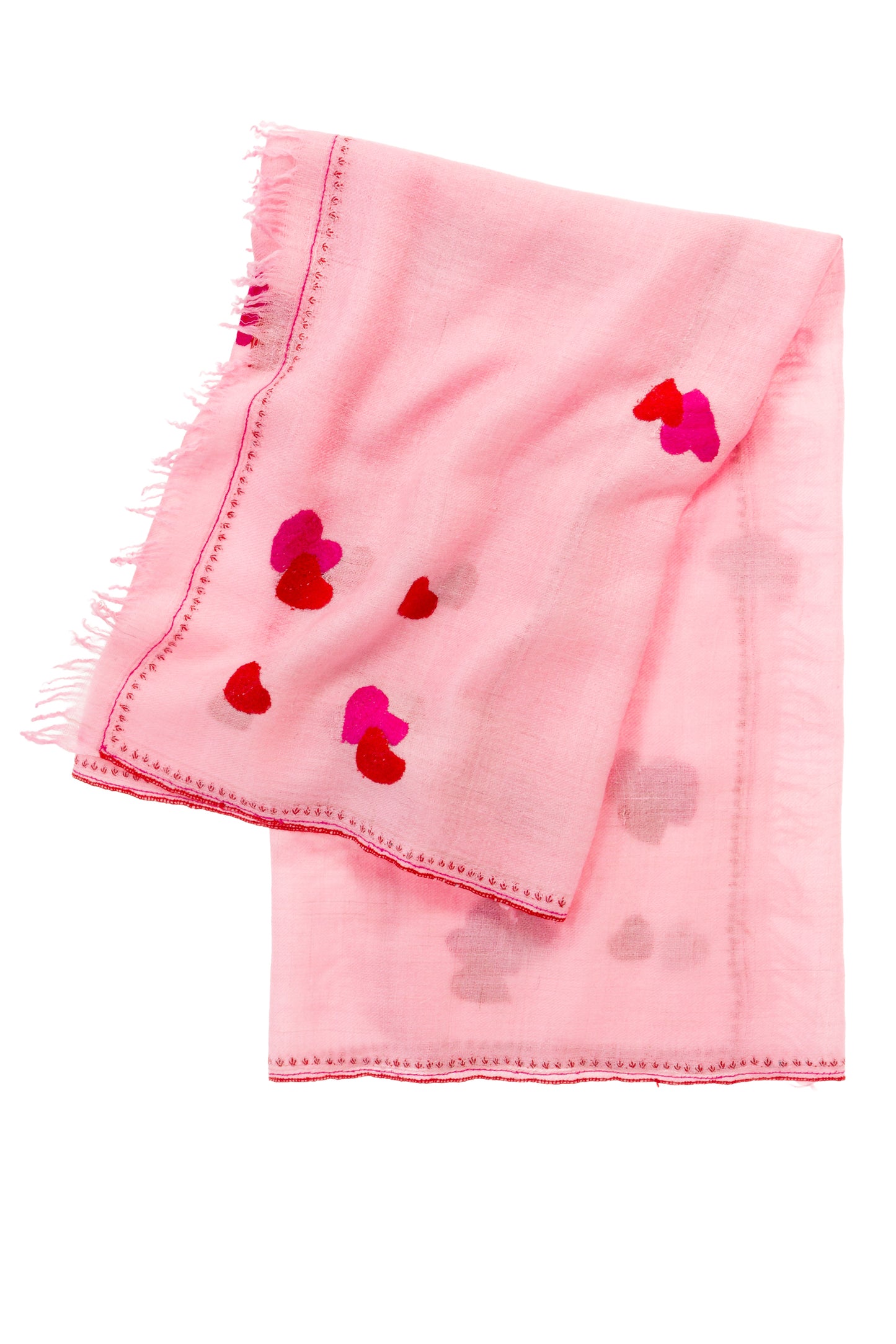 Kaschmir Carré Petit Coeur in zartem Puderrosa mit handgestickten Herzchen in Rot und Magenta – Mārīci, 85×85 cm