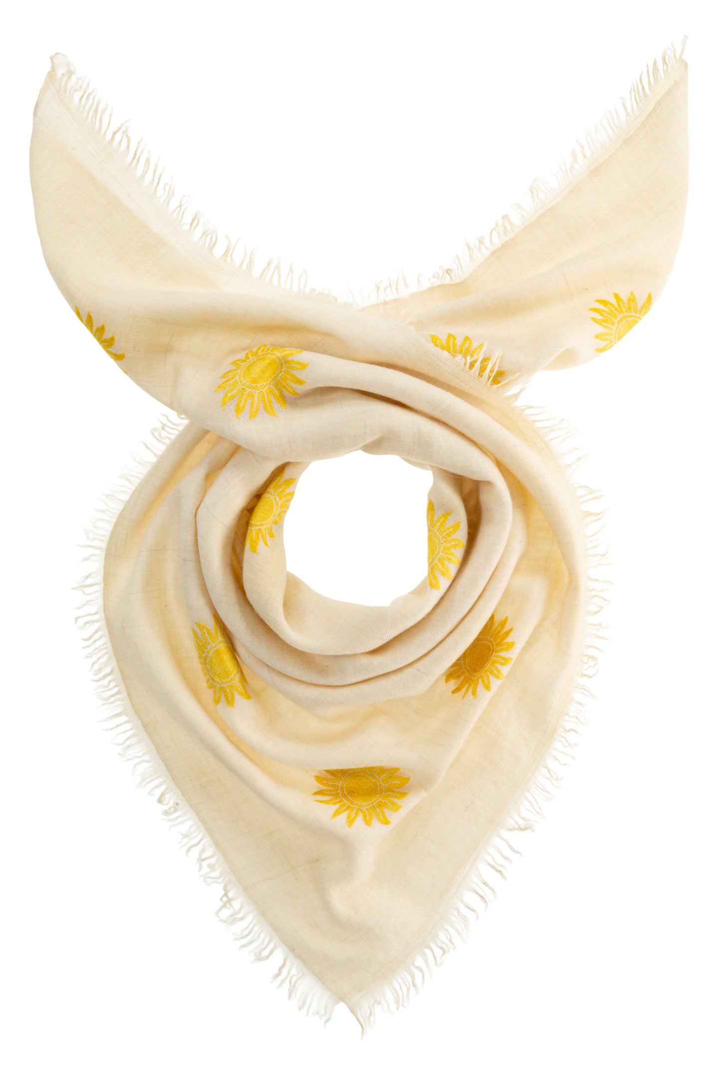 The Adorned Carré Sun Cares – handbesticktes Kaschmir Bandana 85×85 cm in Naturweiß mit goldgelben Sonnenmotiven | Mārīci