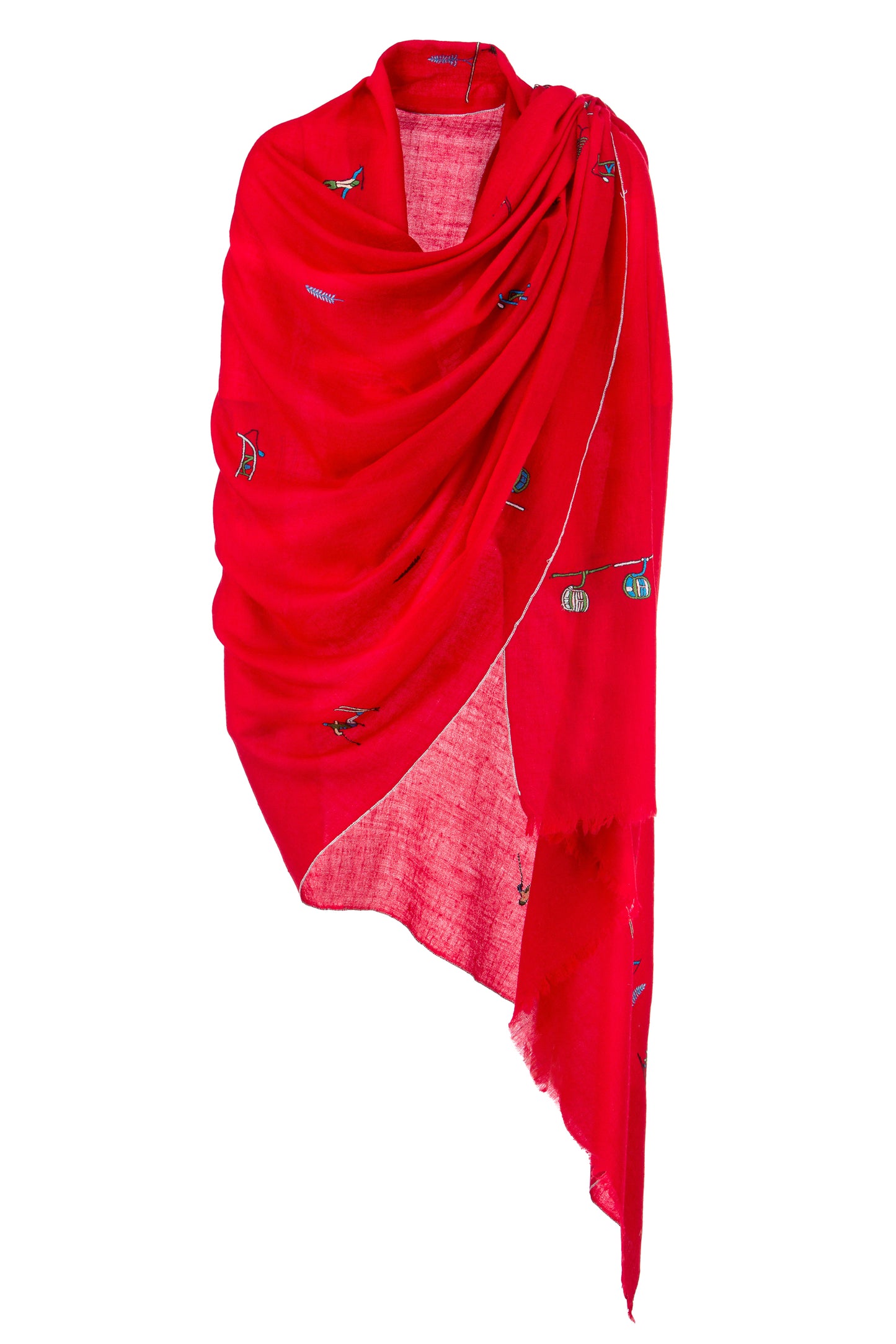 Handbestickter Pashmina Schal „The Adorned – Alpine Life“ Marici in Rot aus feiner Kaschmirwolle; inspiriert vom alpinen Lebensstil und meisterlich handgefertigt