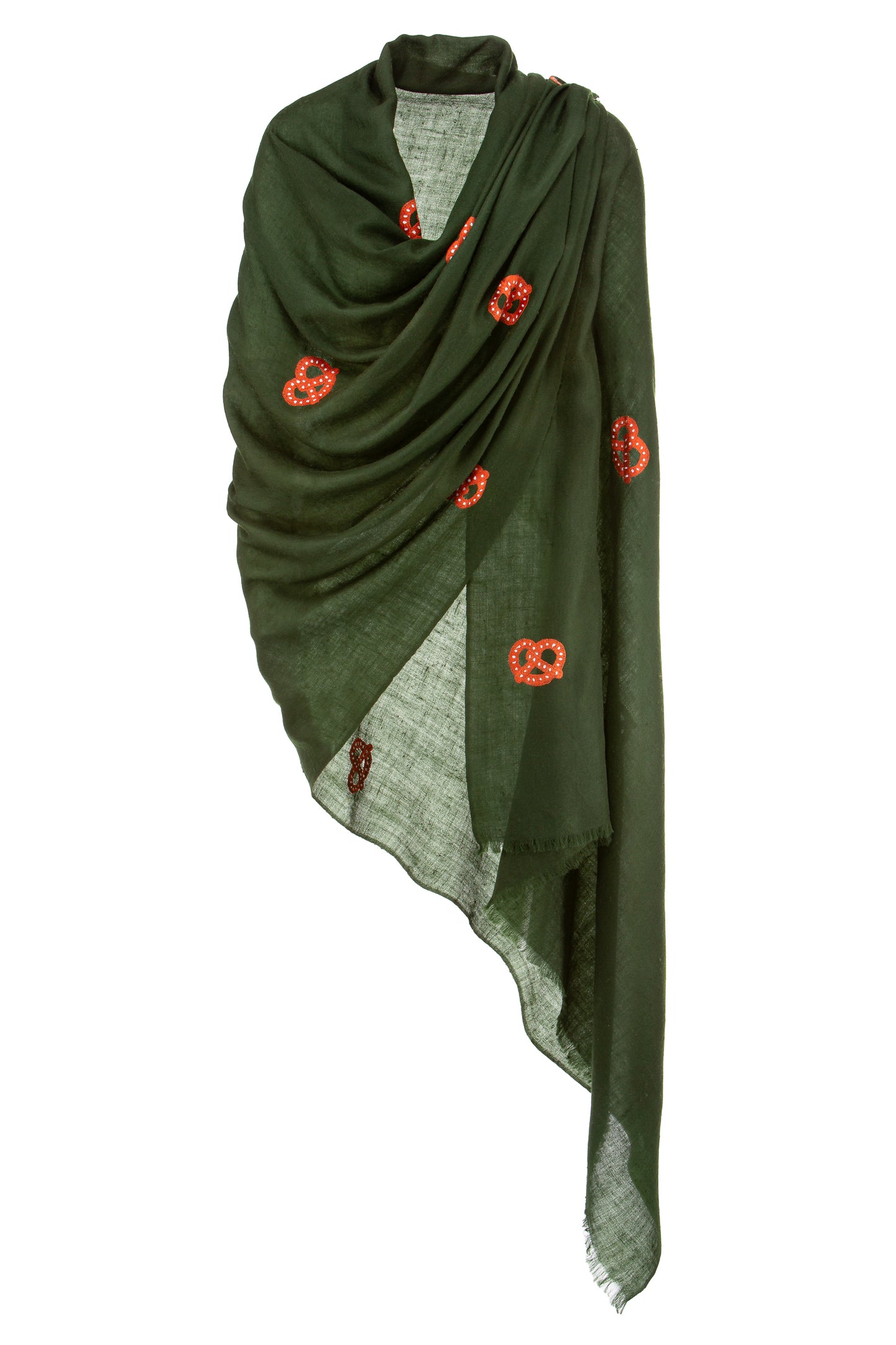 Handbestickter dunkelgrüner Kaschmir Pashmina Schal „The Adorned – Brezn Love“ mit brauner Brezn-Stickerei; traditionell inspiriertes Unikat von Mārīci.