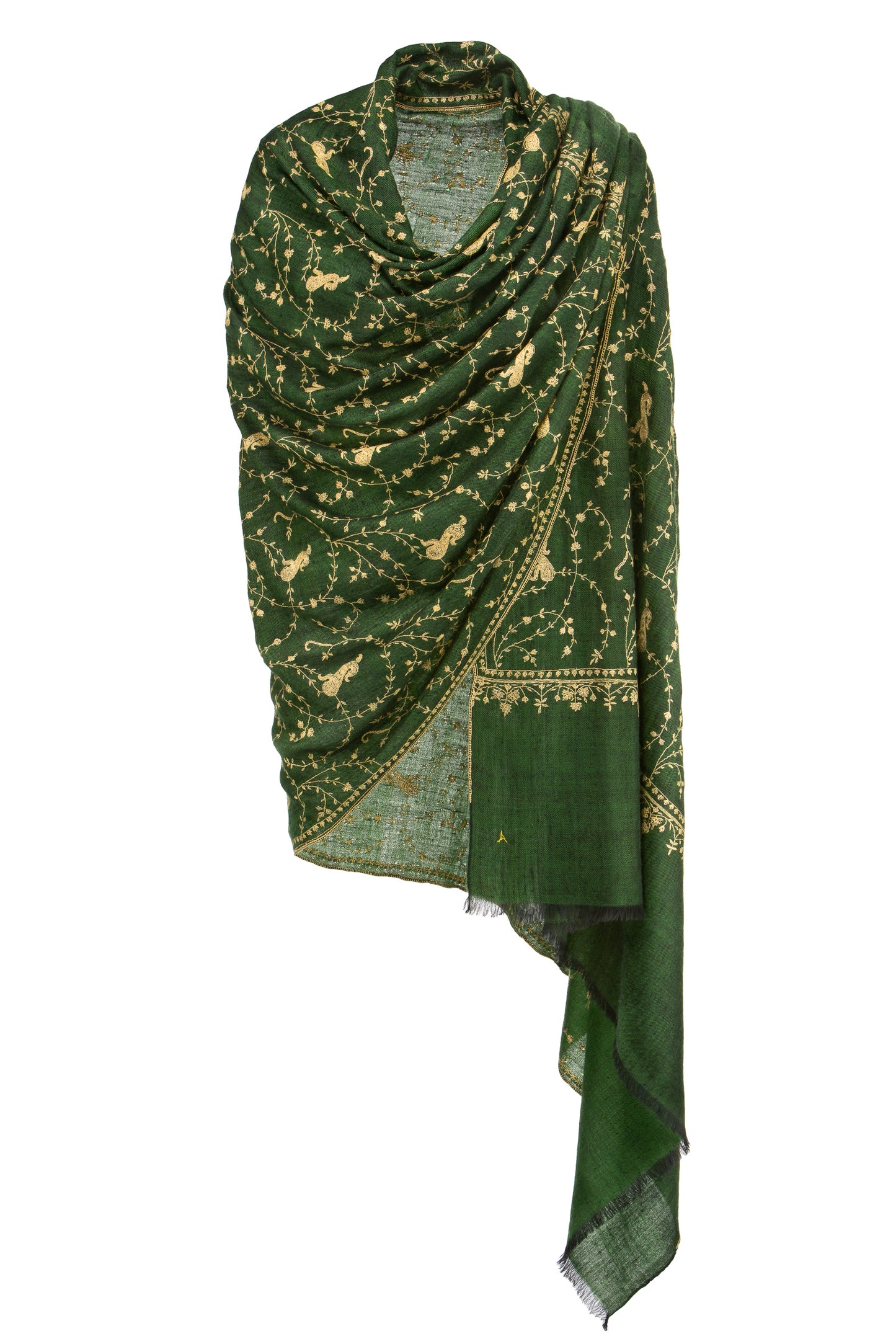 Kaschmir Pashmina Schal „The Adorned – Green Goddess“ in Dunkelgrün und Schwarz mit goldener Stickerei; handgefertigtes Luxus-Unikat von Mārīci.