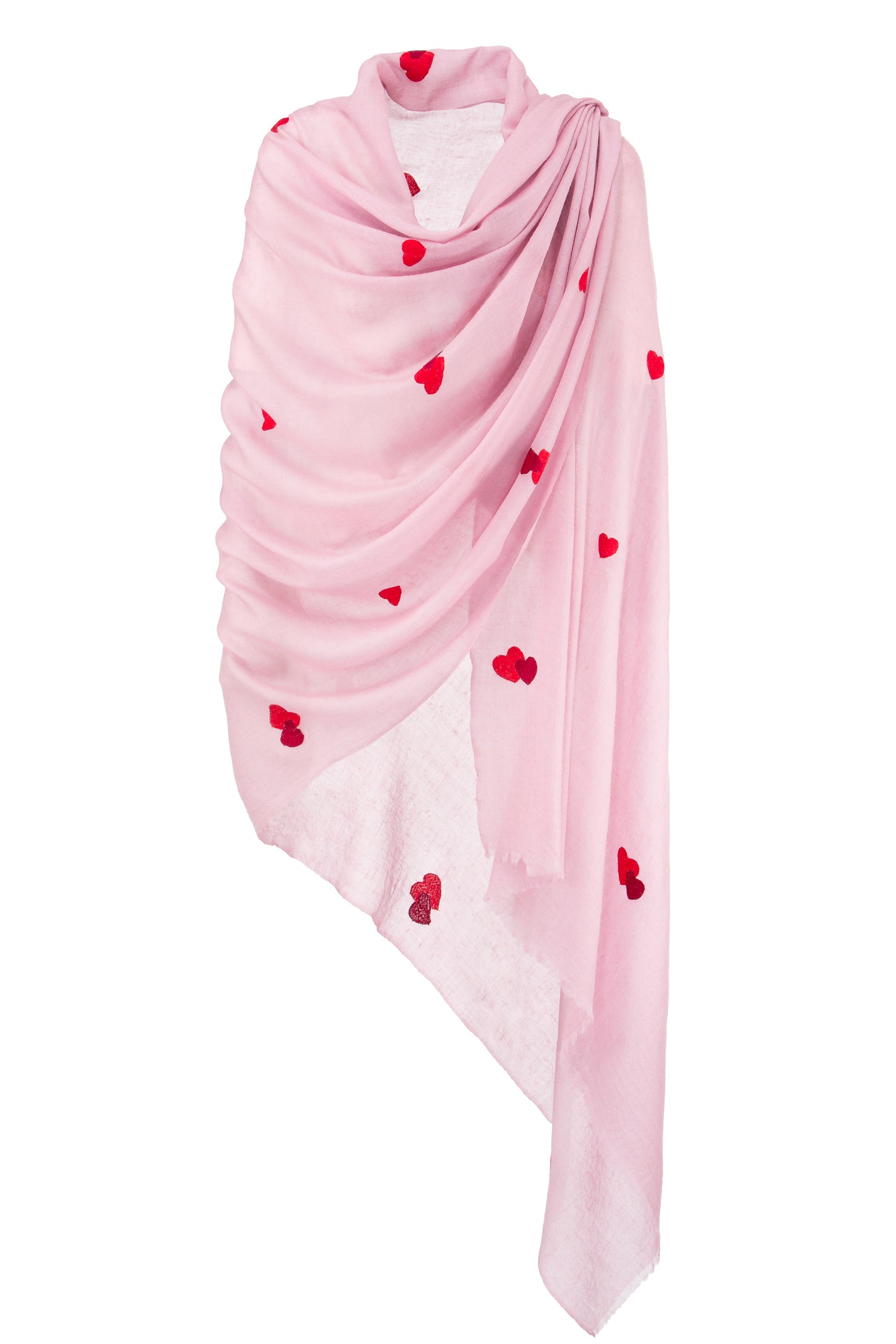 Handbestickter rosa Pashmina Schal „The Adorned – Mei Herzl“ mit roten Herzen aus feiner Kaschmirwolle; liebevoll gefertigtes Unikat von Mārīci.