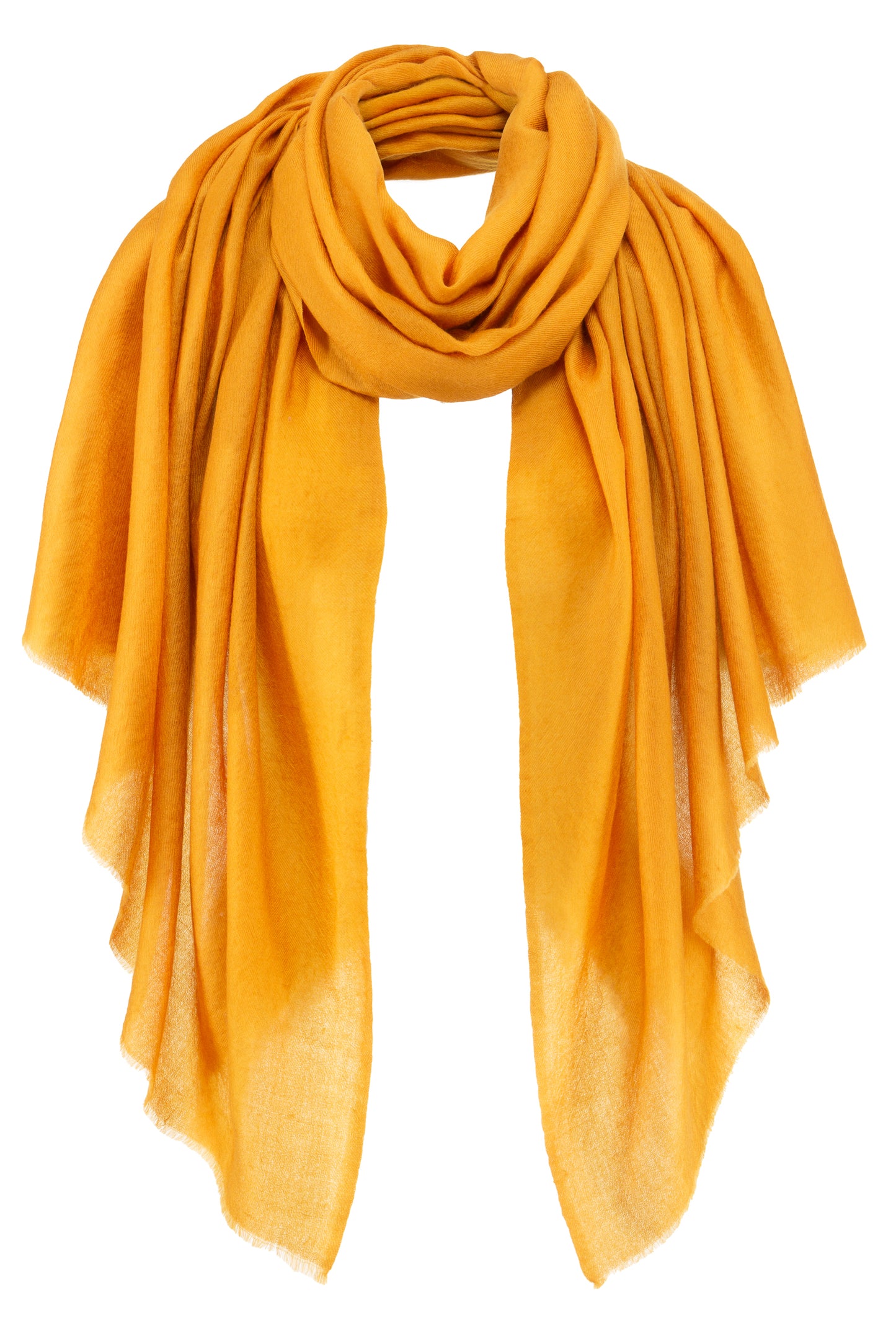 Pashmina Kaschmir Schal „The Breeze – Autumn Marigold“ in warmem Marigold-Gelb; ultraleicht, weich und handgefertigt von Mārīci.