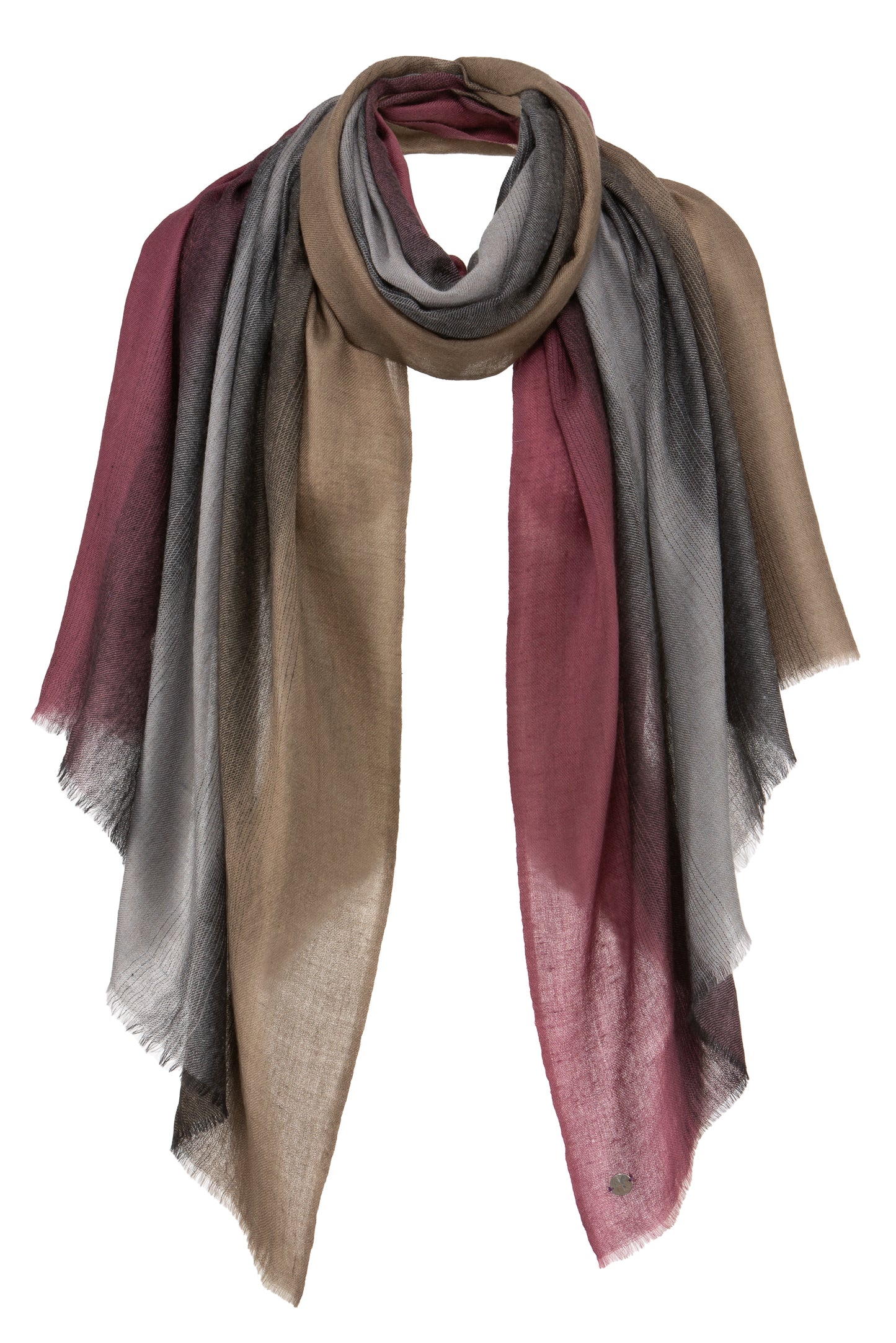 Pashmina Kaschmir Schal „The Breeze – Dusky Vineyard Ombré“ mit Farbverlauf in Aubergine, Olive und Grau; ultraleicht und handgefertigt von Mārīci.